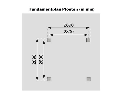 Fundamentplan Pfosten mit Maßangaben in Millimeter