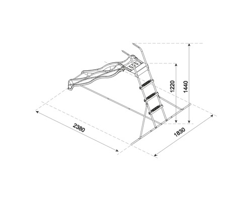 Technische Zeichnung einer Kinderrutsche mit Leiter und Maßangaben