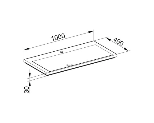 Technische Zeichnung eines Waschtisches mit den Maßen 1000 x 490 x 30 Millimeter.