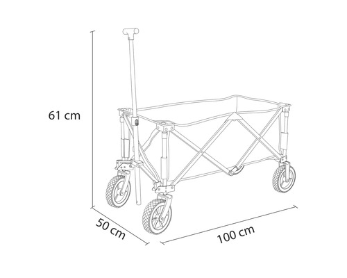 Skizze eines Bollerwagens mit Maßangaben: Höhe 61 cm, Radabstand 50 cm, Länge 100 cm.