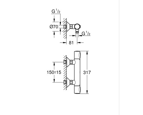 Technische Zeichnung für Sanitärinstallation mit Maßangaben