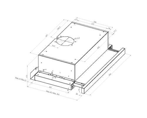 Technische Zeichnung einer Dunstabzugshaube mit Maßangaben