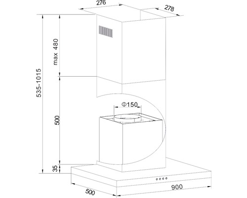 Technische Zeichnung einer Dunstabzugshaube mit Maßangaben.