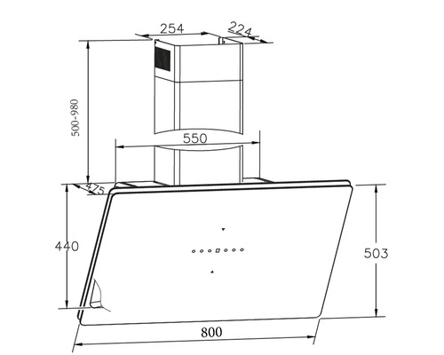 Technische Zeichnung einer Dunstabzugshaube mit Maßangaben