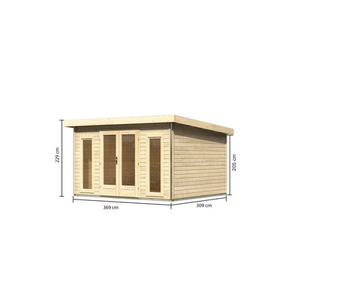 Holzgartenhaus mit Maßen 369 cm x 309 cm