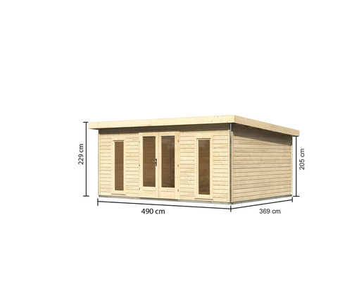 Gartenhaus mit Abmessungen: 490 cm breit, 369 cm tief und 229 cm hoch.