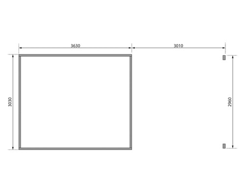 Technische Zeichnung einer Holzhütte mit Maßangaben