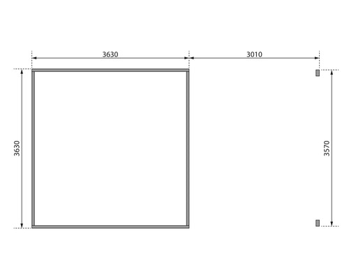 Draufsicht einer Gartenlaube mit den Maßen 3630 x 3630 mm und 3010 x 3570 mm