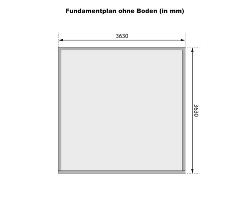 Fundamentplan ohne Boden mit Maßangaben in Millimeter