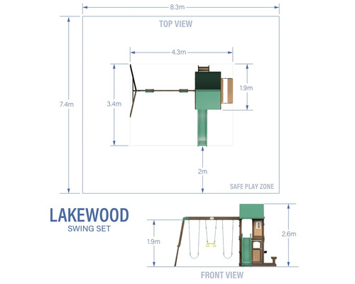 Draufsicht und Vorderansicht einer Lakewood Schaukel mit Abmessungen