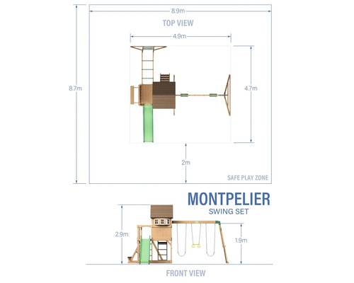 Montpelier Schaukel Set Maße, Draufsicht und Vorderansicht