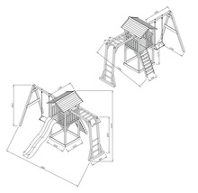 Technische Zeichnung eines Kinderspielhauses mit Schaukel und Rutsche mit Maßangaben.