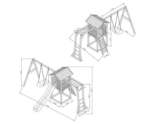 Abbildung eines Spielturms mit Schaukel und Rutsche mit Maßangaben