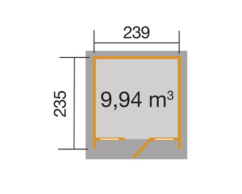 Grundrisszeichnung mit Abmessungen: 235 x 239 cm und 9,94 Kubikmeter Rauminhalt