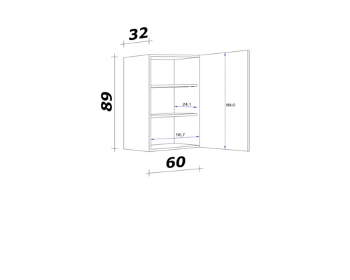 Technische Zeichnung eines Hängeschranks mit Maßangaben