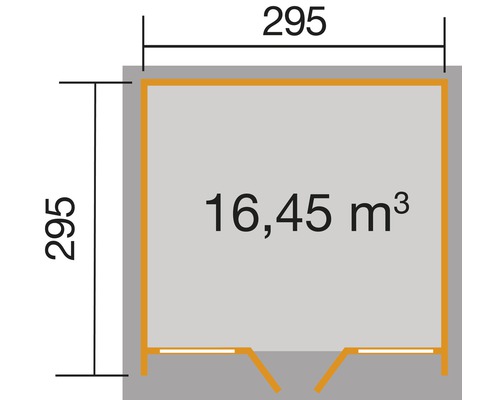 Grundriss mit den Maßen 295 mal 295 und einem Volumen von 16,45 Kubikmeter