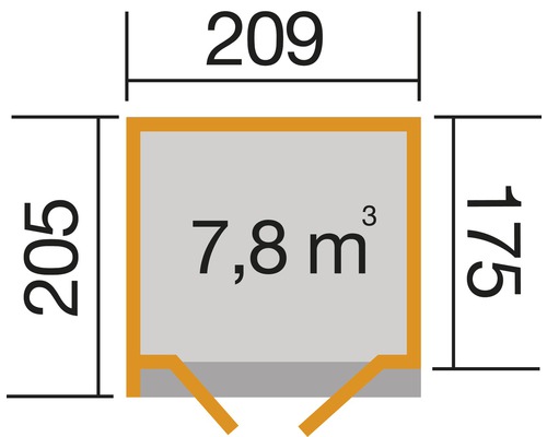 Grundrisszeichnung mit Abmessungen: 205 x 209 x 175 cm, Volumen 7,8 Kubikmeter