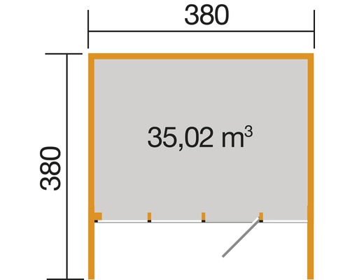 Grundriss mit Größenangaben 380 x 380 Zentimeter und Raumvolumen 35,02 Kubikmeter