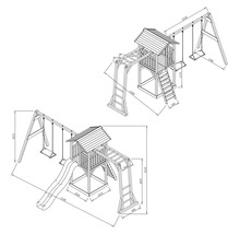 Zeichnung einer Kinderspielanlage mit Schaukel, Rutsche und Kletterturm mit Maßangaben