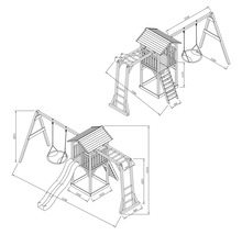 Zeichnung eines Spielturms mit Schaukel und Rutsche mit Maßangaben.