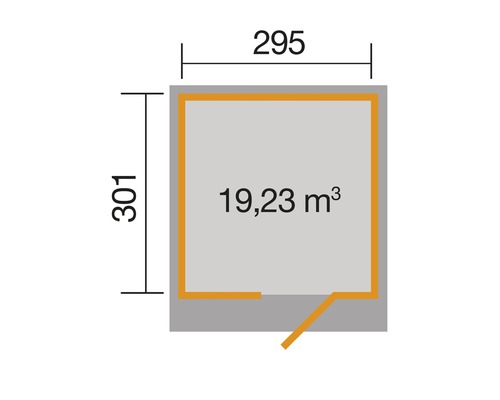 Grundriss mit Massangaben 295 x 301 und Volumenangabe 19,23 Kubikmeter