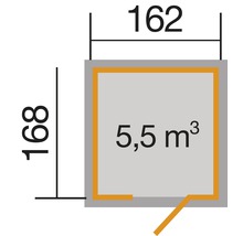 Grundriss mit den Maßen 162 mal 168 und einem Volumen von 5,5 Kubikmetern