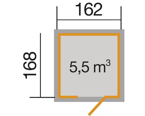 Grundriss mit den Maßen 162 mal 168 und einem Volumen von 5,5 Kubikmetern