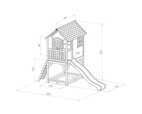 Abmessungen eines Spielhauses mit Rutsche und Sandkasten