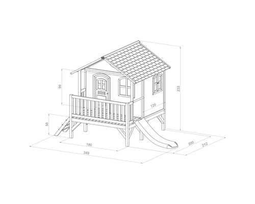 Technische Zeichnung eines Spielhauses mit Maßen