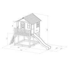 Illustration eines Spielhauses mit Rutsche und Sandkasten mit Abmessungen