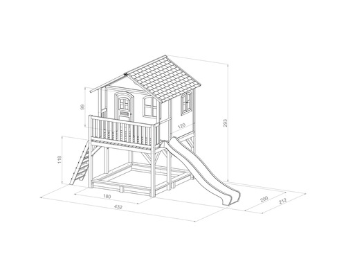 Illustration eines Spielhauses mit Rutsche und Sandkasten mit Abmessungen