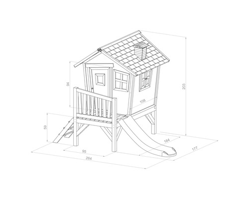 Illustration eines Spielhauses mit Rutsche und Maßangaben