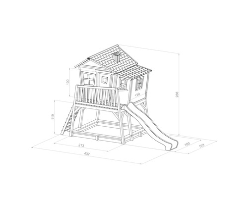 Illustration eines Spielhauses mit Rutsche und Sandkasten mit Maßangaben.