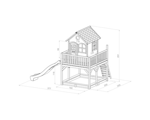 Illustration eines Kinderspielhauses aus Holz mit Rutsche und Maßen