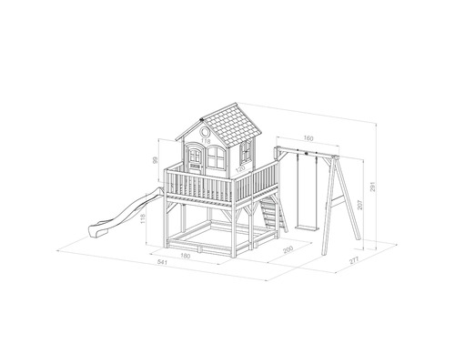 Zeichnung eines Spielhauses mit Rutsche, Schaukel und Sandkasten mit Größenangaben