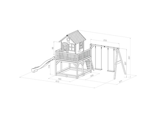 Abmessungen eines Spielhauses mit Rutsche und Schaukel