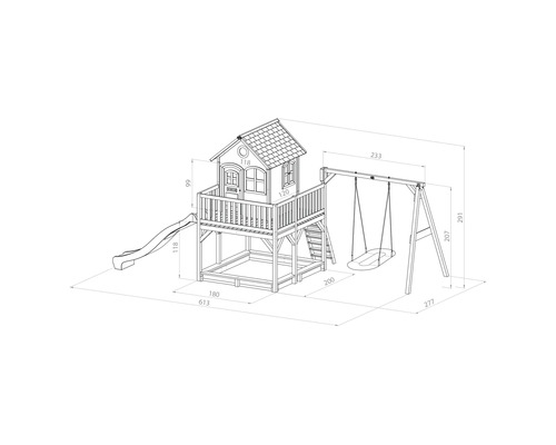 Illustration eines Spielhauses mit Schaukel und Rutsche mit Maßangaben.