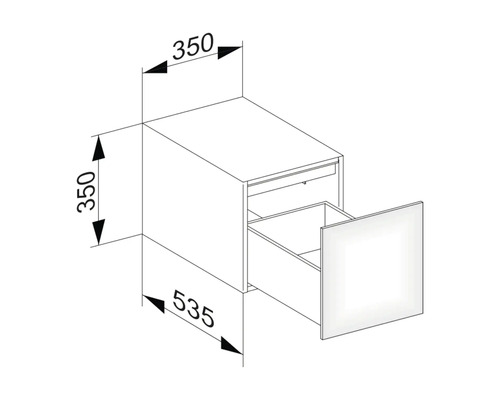 Zeichnung eines Unterschranks mit Schublade und Maßangaben: 350, 350, 535