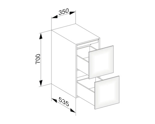 Zeichnung eines Unterschranks mit Schubladen und Maßangaben