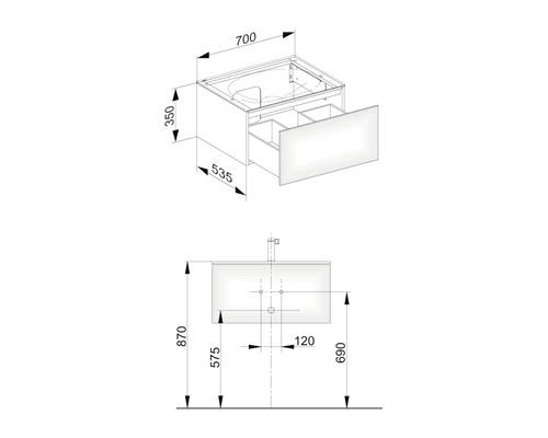 Technische Zeichnung eines Waschtischunterschranks mit Maßen