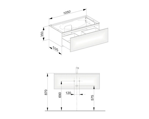 Technische Zeichnung eines Waschtischunterschranks mit Schubladen und Maßangaben.