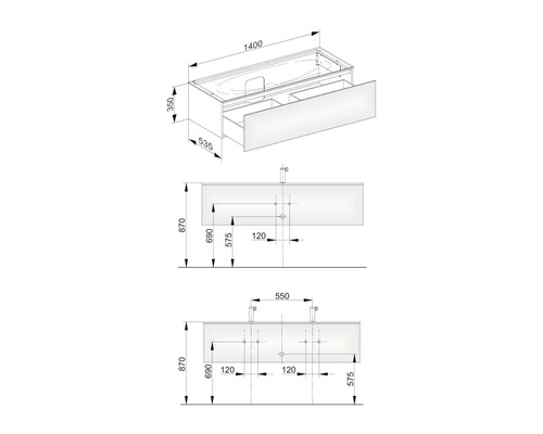 Technische Zeichnung eines Waschtischunterschranks mit Maßen