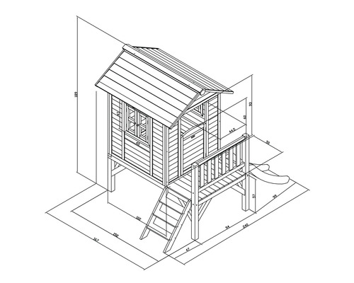 Technische Zeichnung eines Spielhauses mit Rutsche und Treppe mit Maßen