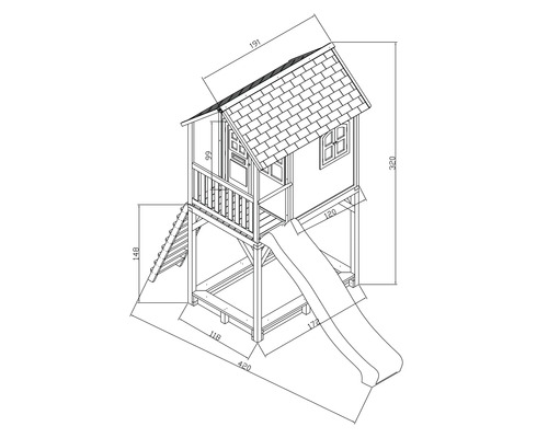 Technische Zeichnung eines Spielhauses mit Rutsche und Leiter mit Maßangaben.