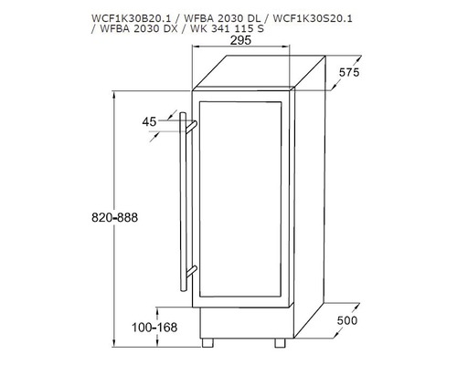 Technische Zeichnung eines Weinkühlschranks mit Maßangaben
