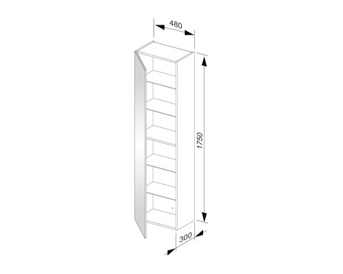 Technische Zeichnung eines Hochschranks mit Tür und Regalböden sowie Maßangaben