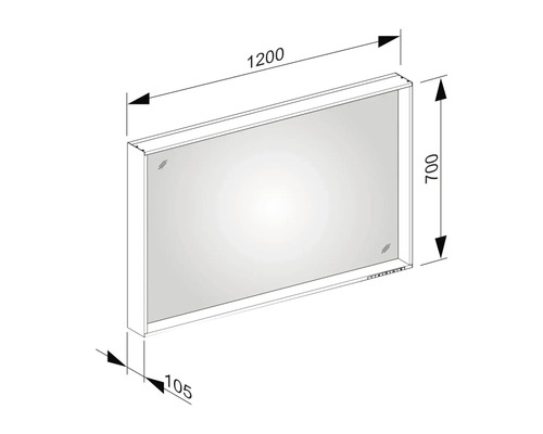 Technische Zeichnung eines rechteckigen Spiegels mit Abmessungen: Breite 1200 mm, Höhe 700 mm, Tiefe 105 mm.