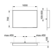 Technische Zeichnung eines Spiegels mit den Maßen 1000 x 700 mm.