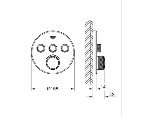 Technische Zeichnung einer Grohe Duscharmatur mit Maßangaben