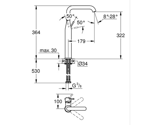 Maßzeichnung einer Küchenarmatur mit Höhen- und Winkelangaben.